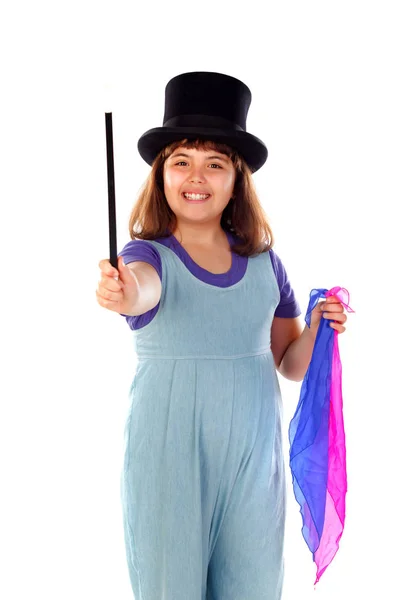 Sevimli Küçük Kız Silindir Şapka Sihirli Değnek Beyaz Arka Plan — Stok fotoğraf