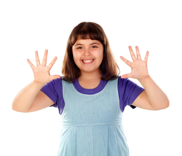 Carino Sorridente Bambina Denim Vestiti Mostrando Mani Isolate Sfondo Bianco — Foto Stock