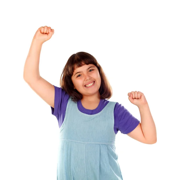 Bonito Sorrindo Menina Comemorando Algo Levantando Braços Isolados Fundo Branco — Fotografia de Stock