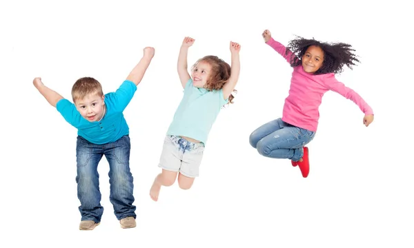 Gek Weinig Kinderen Springen Geïsoleerd Een Witte Achtergrond — Stockfoto