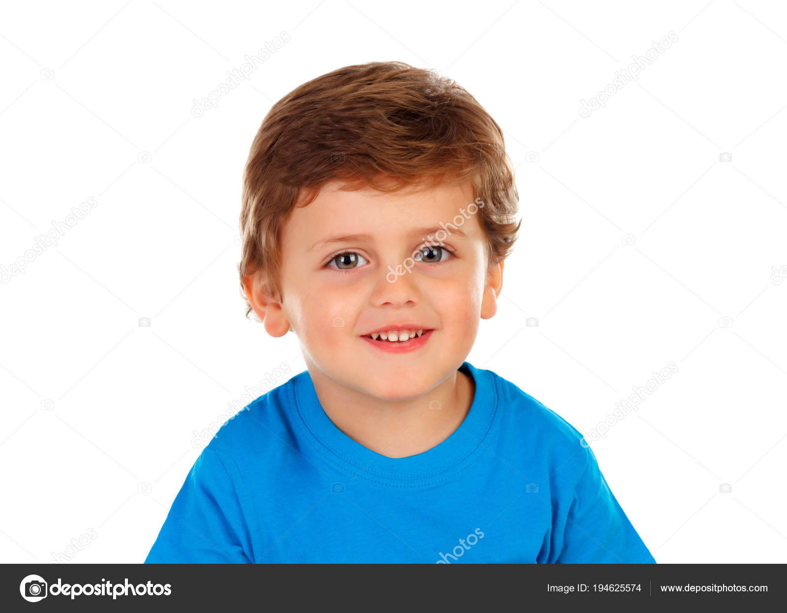 Adorable Smiling Little Boy Blue Shirt Isolated White Background Stock