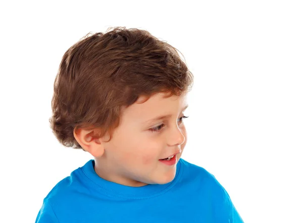 Adorable Niño Sonriente Camiseta Azul Aislado Sobre Fondo Blanco —  Fotos de Stock