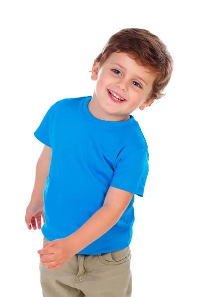 Pequeno Menino Ativo Azul Shirt Isolado Sobre Fundo Branco — Fotografia de Stock