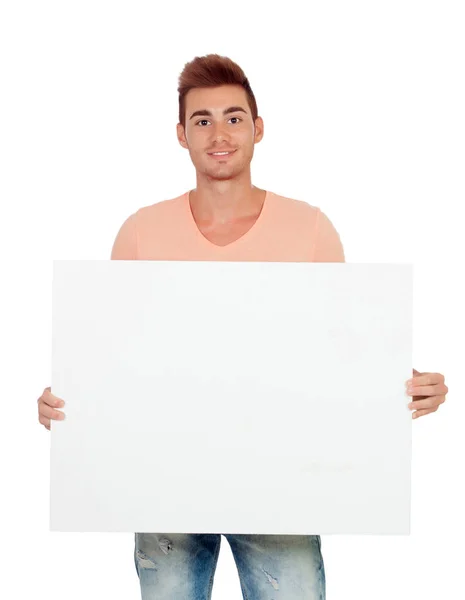 Happy Handsome Young Man Posing Blank Banner Isolated White Background — Stock Photo, Image