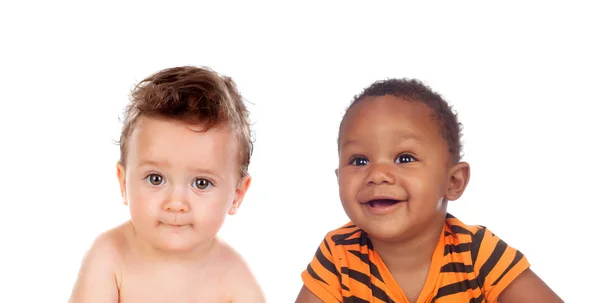 Dos Bebés Divertidos Felices Aislados Sobre Fondo Blanco — Foto de Stock