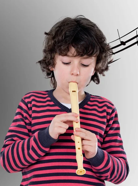 Lindo Niño Con Jersey Rosa Tocando Una Flauta Con Fondo — Foto de Stock