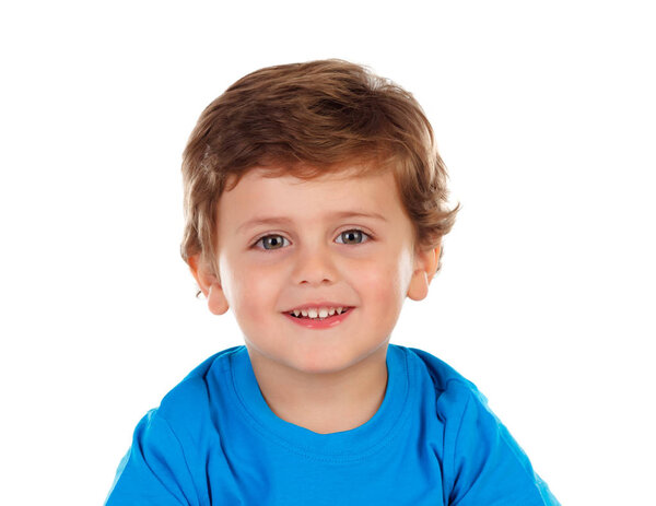adorable smiling little boy in blue t-shirt isolated over white background