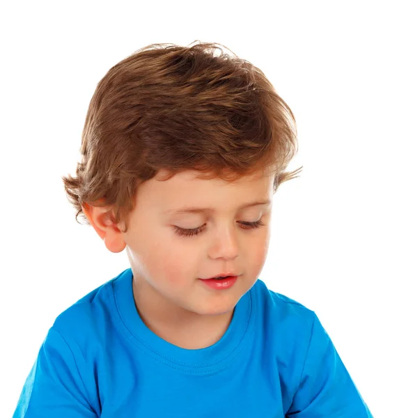 Schattige Lachende Jongetje Blauw Shirt Geïsoleerd Witte Achtergrond — Stockfoto