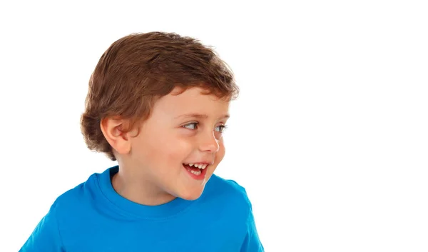 Очаровательный Улыбающийся Маленький Мальчик Голубой Футболке Изолирован Белом Фоне — стоковое фото