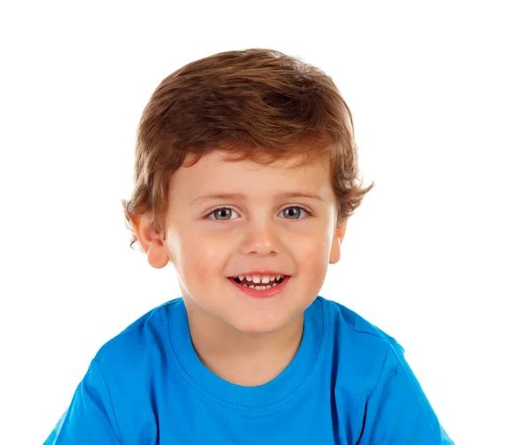 Bedårande Leende Liten Pojke Blå Shirt Isolerade Över Vit Bakgrund — Stockfoto