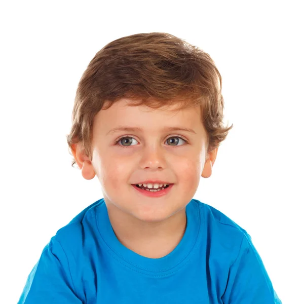 Очаровательный Улыбающийся Маленький Мальчик Голубой Футболке Изолирован Белом Фоне — стоковое фото