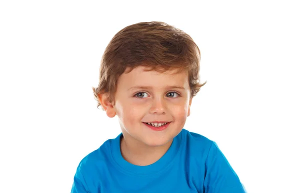 Schattig Glimlachend Jongetje Blauwe Kleding Geïsoleerd Witte Achtergrond — Stockfoto