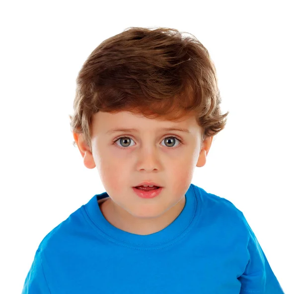 Schattig Jongetje Blauwe Kleding Geïsoleerd Witte Achtergrond — Stockfoto