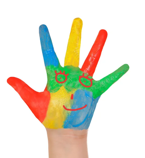 Χέρι Του Παιδιού Γεμάτη Χρώματα Που Απομονώνονται Λευκό Φόντο — Φωτογραφία Αρχείου