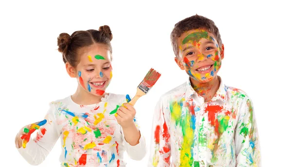 Glückliche Kinder Mit Bunter Farbe Isoliert Auf Weißem Hintergrund — Stockfoto