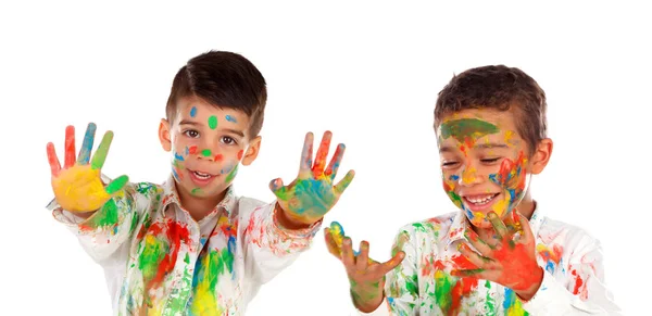 Bambini Felici Con Vernice Colorata Isolata Sfondo Bianco — Foto Stock
