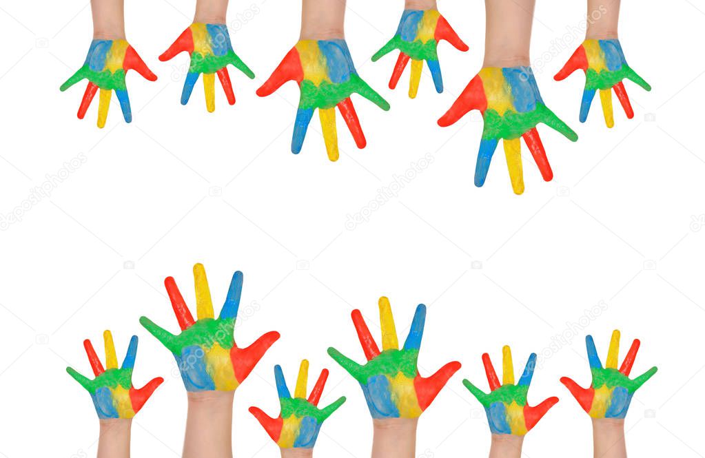 Children's hands full of paint isolated on white background