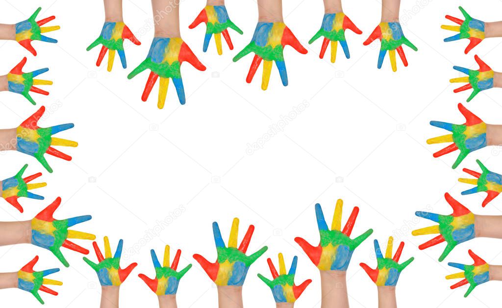 Children's hands full of paint isolated on white background