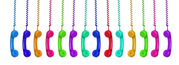 Manu téléphones vintage colorés suspendus d'un câble — Photo