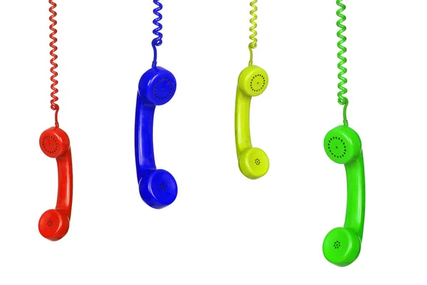 Vele kleurrijke vintage telefoons opknoping — Stockfoto