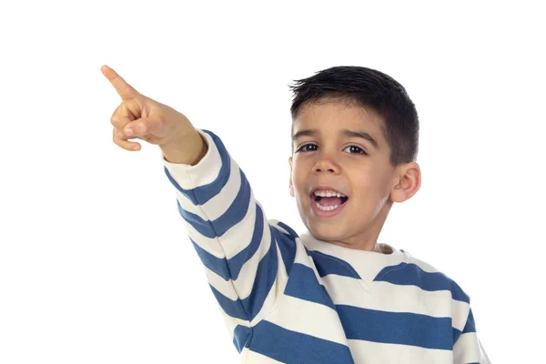 Niño gitano con camiseta a rayas apuntando con la mano — Foto de Stock