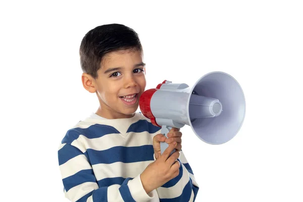 Liten pojke skriker genom en megafon — Stockfoto