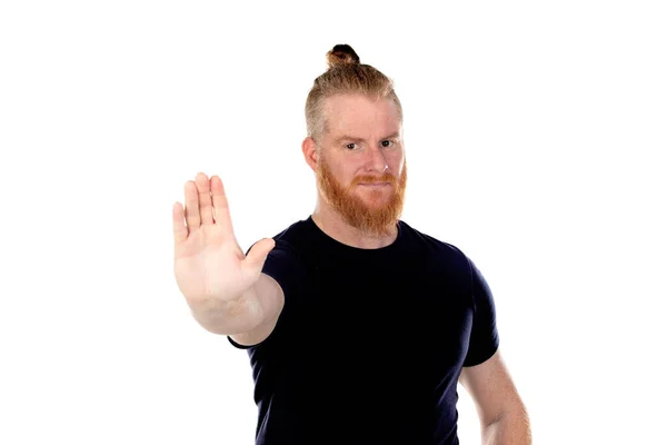 Rood Haar Man Met Lange Baard Zeggen Stop Geïsoleerd Een — Stockfoto