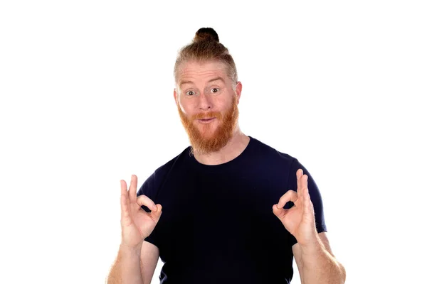 Homem Cabelos Vermelhos Com Barba Comprida Dizendo Isolado Fundo Branco — Fotografia de Stock