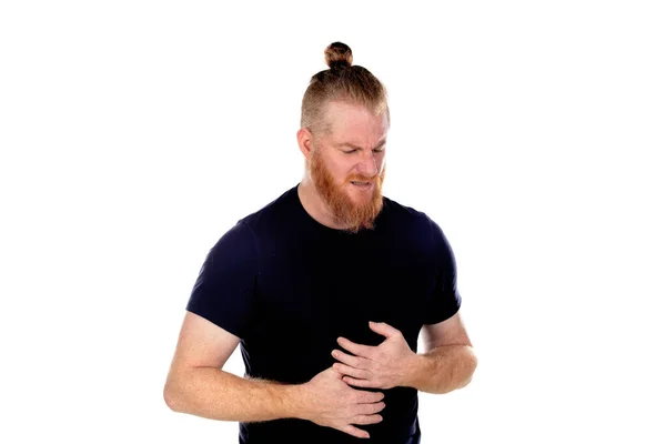 Homem Cabelos Vermelhos Com Barba Longa Com Dor Estômago Isolada — Fotografia de Stock