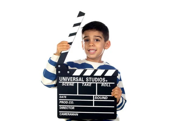 Adorable Latin Child Capperboard Isolated White Background — Stock Photo, Image