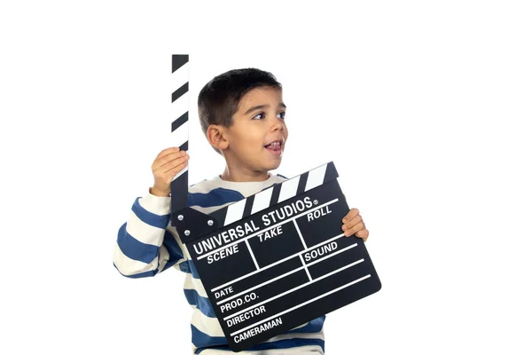 Schattig Latijn Kind Met Een Capperboard Geïsoleerd Een Witte Achtergrond — Stockfoto