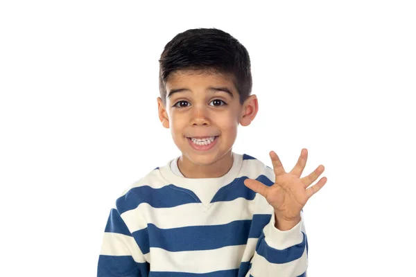 Очаровательный Латинский Ребенок Показывающий Свою Руку Белом Фоне — стоковое фото