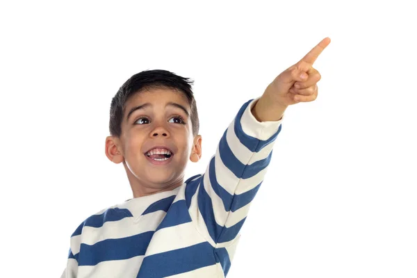 Cikánské Dítě Pruhovaným Tričkem Ukazující Rukou Izolovanou Bílém Pozadí — Stock fotografie