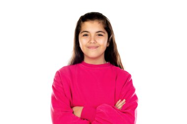 Beyaz bir arka planda pembe formalı sevimli bir genç kız.