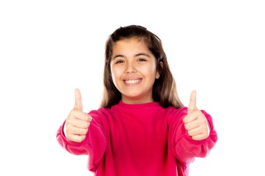 Beyaz bir arka planda pembe formalı sevimli bir genç kız.