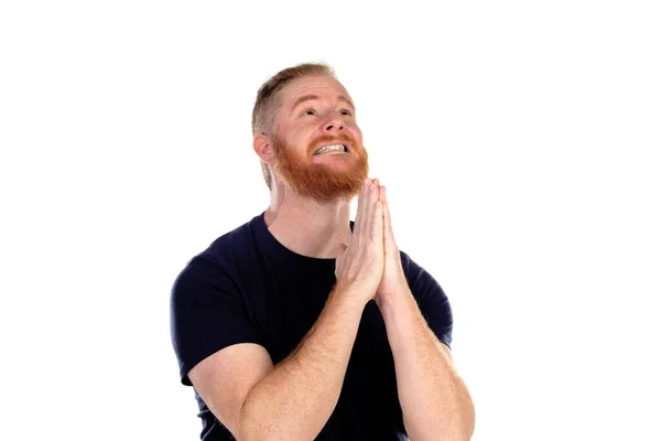 Red Haired Man Long Beard Praying Isolated White Background — Stock Photo, Image