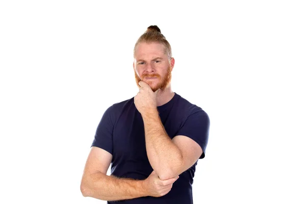 Homme Aux Cheveux Rouges Avec Une Longue Barbe Pensant Isolé — Photo