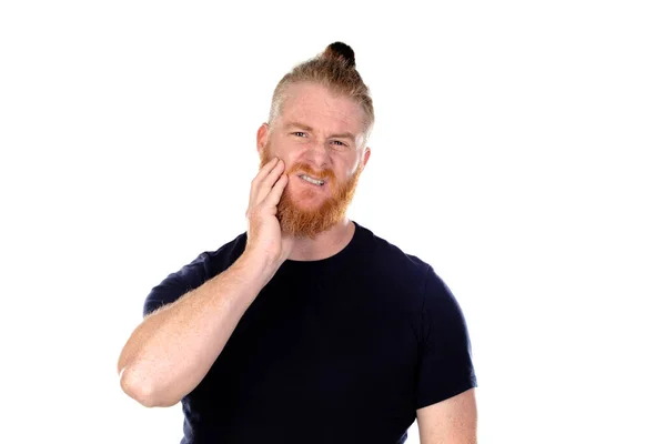 Homem Cabelos Vermelhos Com Barba Longa Com Dor Dente Isolada — Fotografia de Stock