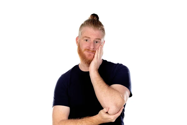 Roodharige Man Met Lange Baard Denken Geïsoleerd Een Witte Achtergrond — Stockfoto