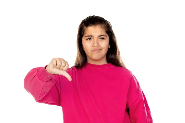 Adorável Menina Pré Adolescente Com Camisa Rosa Isolado Fundo Branco — Fotografia de Stock