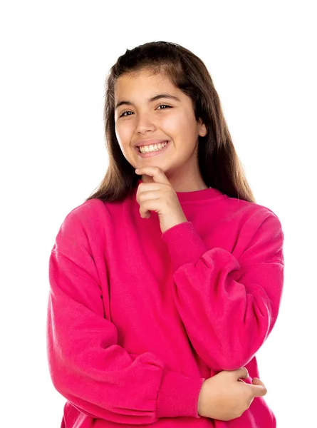 Schattig Mooi Meisje Met Roze Trui Geïsoleerd Een Witte Achtergrond — Stockfoto