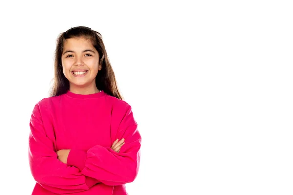 Adorável Menina Pré Adolescente Com Camisa Rosa Isolado Fundo Branco — Fotografia de Stock