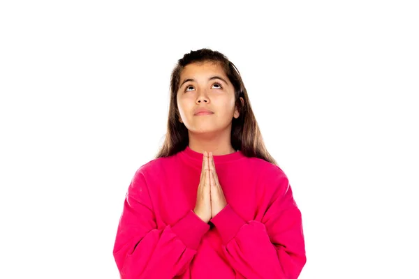 Adorável Menina Pré Adolescente Com Camisa Rosa Isolado Fundo Branco — Fotografia de Stock