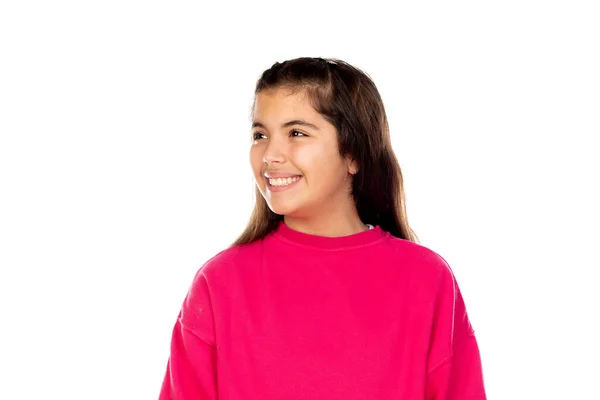 Schattig Mooi Meisje Met Roze Trui Geïsoleerd Een Witte Achtergrond — Stockfoto