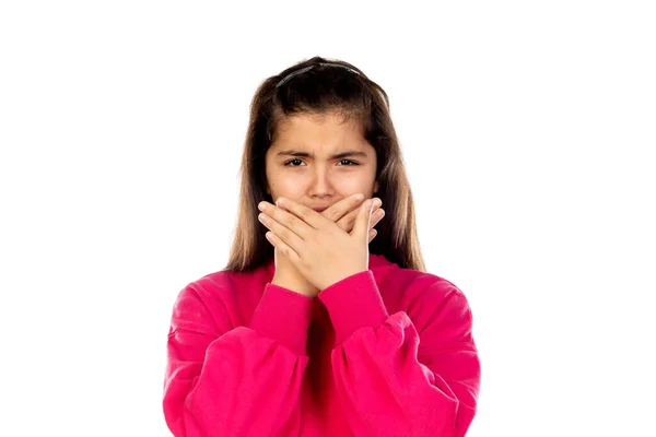 Schattig Mooi Meisje Met Roze Trui Geïsoleerd Een Witte Achtergrond — Stockfoto