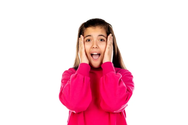 Adorável Menina Pré Adolescente Com Camisa Rosa Isolado Fundo Branco — Fotografia de Stock