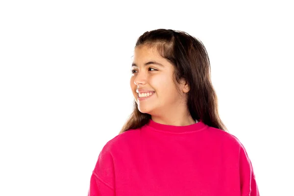 Adorável Menina Pré Adolescente Com Camisa Rosa Isolado Fundo Branco — Fotografia de Stock