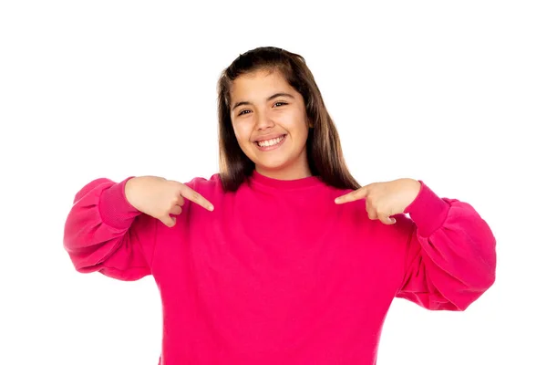 Adorável Menina Pré Adolescente Com Camisa Rosa Isolado Fundo Branco — Fotografia de Stock