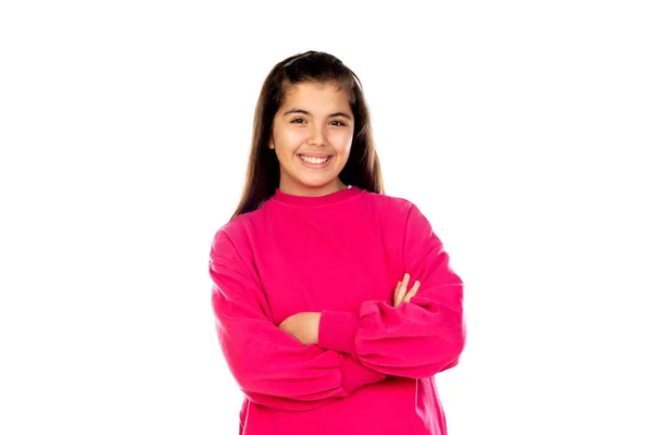 Adorável Menina Pré Adolescente Com Camisa Rosa Isolado Fundo Branco — Fotografia de Stock