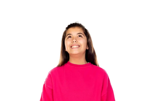 Schattig Mooi Meisje Met Roze Trui Geïsoleerd Een Witte Achtergrond — Stockfoto